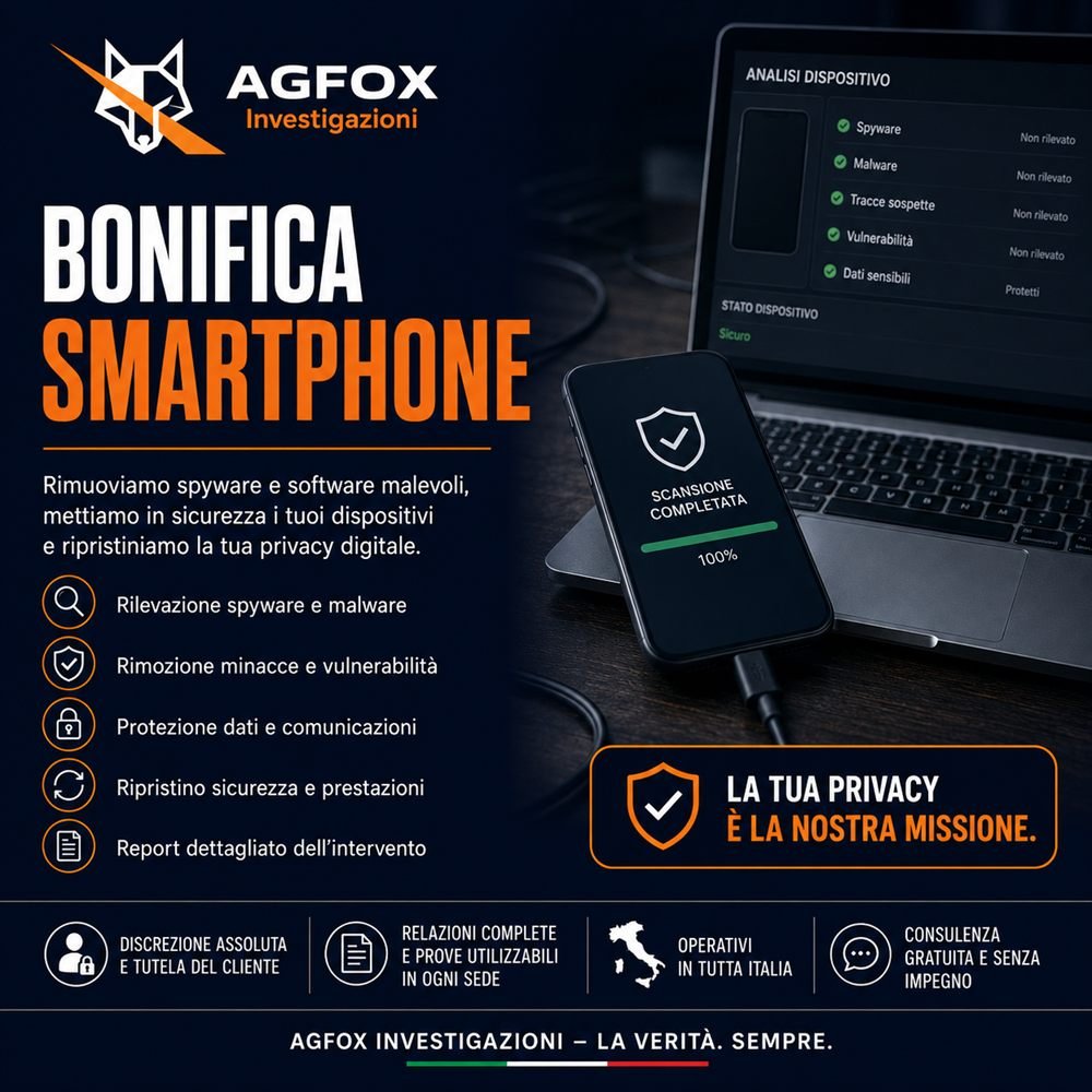 Analisi di uno smartphone alla ricerca di software spia da parte di AGFOX Investigazioni